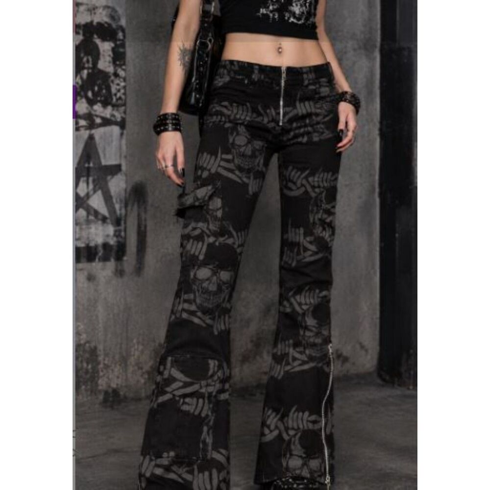 Vtg Y2K Serious Clothing LA Skull Flare Pants XS Mall Goth Punk Grunge Zipper